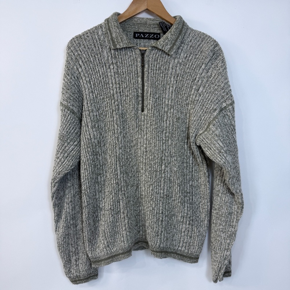 Vintage Pazzo Quarter Zip‎ Pullover Sweater Mens Large Sage Green Beige Knit